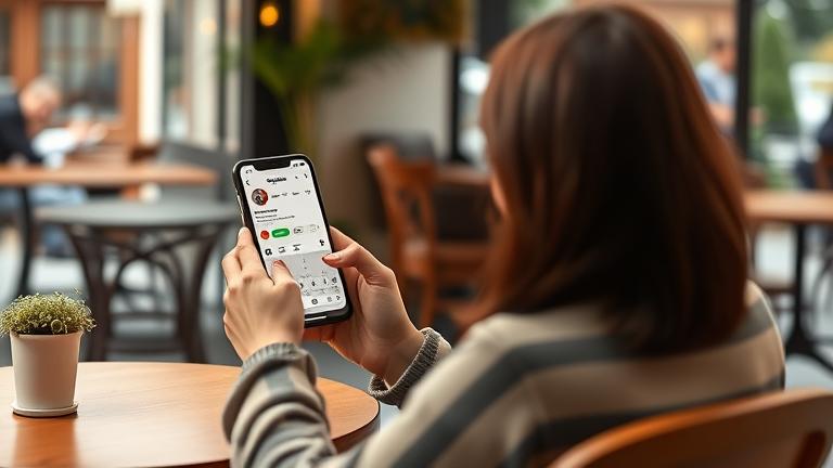 alt_text: Person at a cozy cafe using Instagram, showing offline status toggle on phone screen.