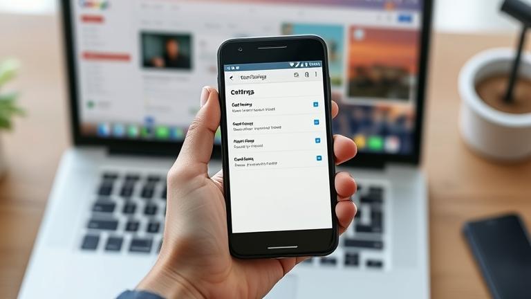 alt_text: Person with phone open to Gmail settings, gear icon, and a blurred laptop, showing account removal.