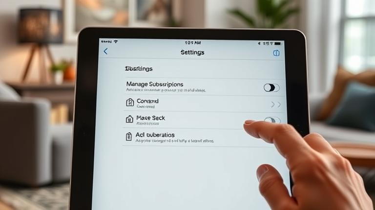 alt_text: Person taps "Manage Subscriptions" on iPad Settings in a cozy, well-lit workspace.