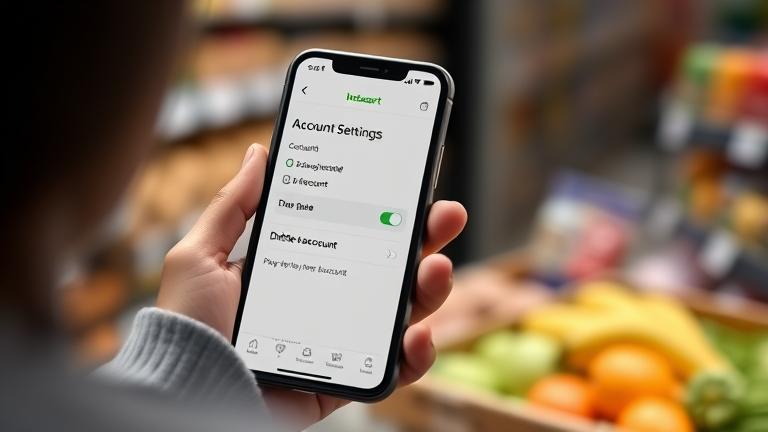 alt_text: Person holding phone with Instacart account settings, focusing on deleting or deactivating.