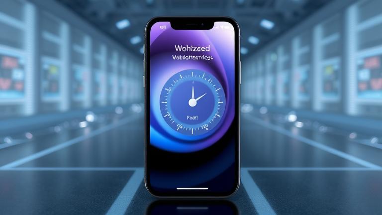 alt_text: iPhone 11 with a fast-loading app, speed icons, and sleek tech background highlighting performance.