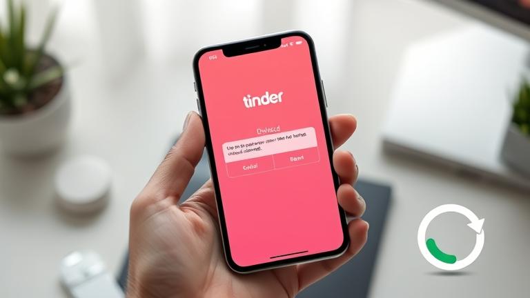 alt_text: Smartphone with Tinder app deleting profile, set against a fresh start background.