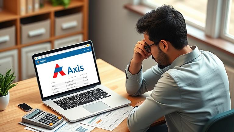 alt_text: Concerned person at desk with bank logo, documents, and calculator, managing account issues.