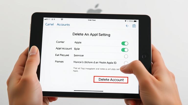 alt_text: Guide on deleting an old Apple ID via device settings with clear icons and Apple branding.