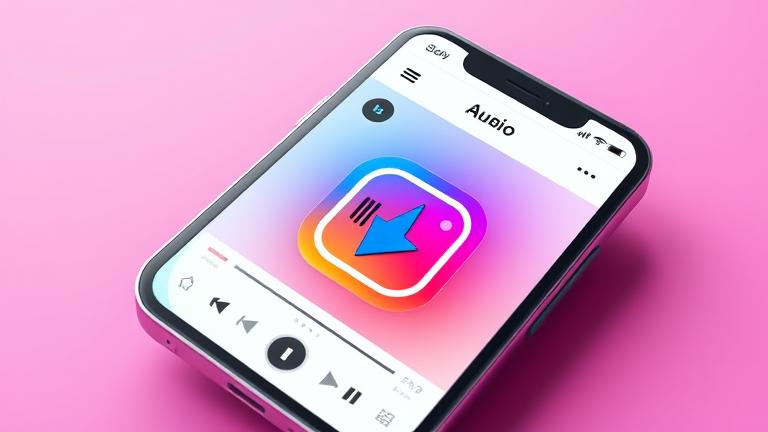 alt_text: Smartphone with Instagram, audio waveform, save icon, vibrant colors, illustrating saving audio.