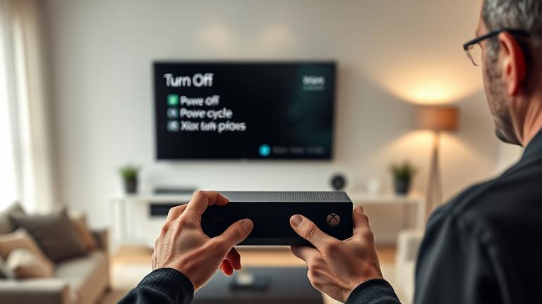 alt_text: Person turns off Xbox in a modern living room, TV shows power menu, emphasizing safe shutdown.