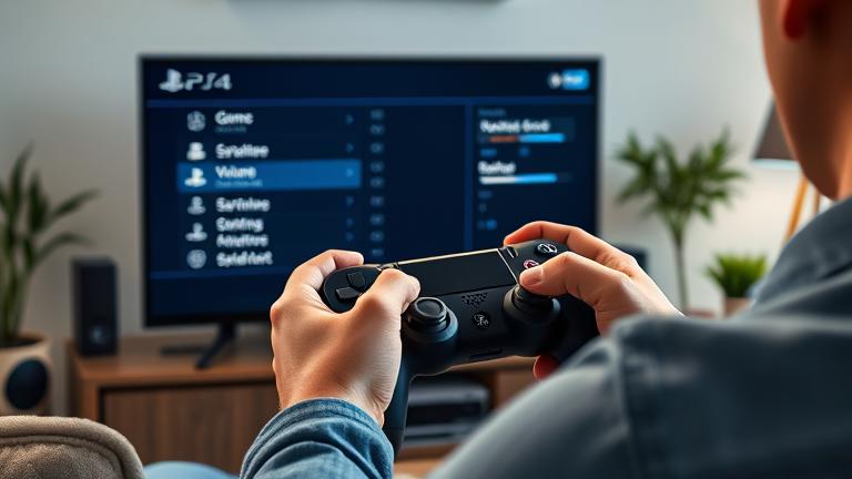 alt_text: Person adjusting PS4 game and chat volume settings on screen, in a cozy gaming setup.