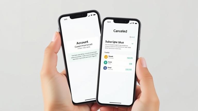 alt_text: Person holding phone showing account deletion confirmation and subscription status on split screen.