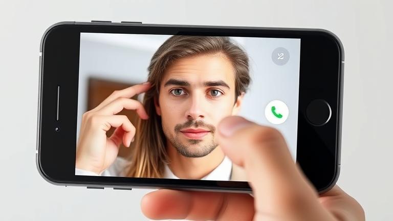 alt_text: Concerned user holding iPhone with glitching FaceTime, hints of troubleshooting on clean background.