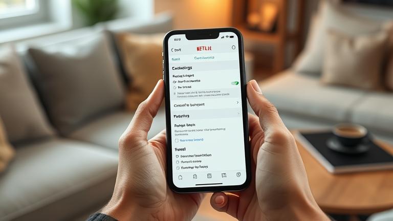 alt_text: Person with Netflix app open on phone, in cozy setting, showing account settings.