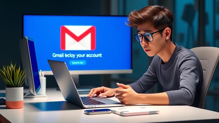alt_text: Person worried at desk with devices, Gmail interface, highlighting email account recovery.
