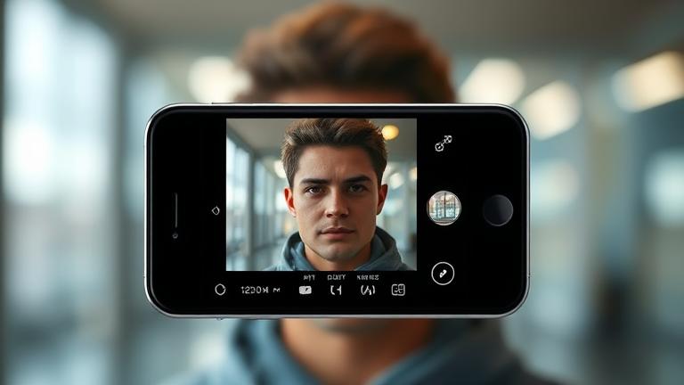 alt_text: iPhone 6 camera with portrait mode interface, person in focus, blurred background.