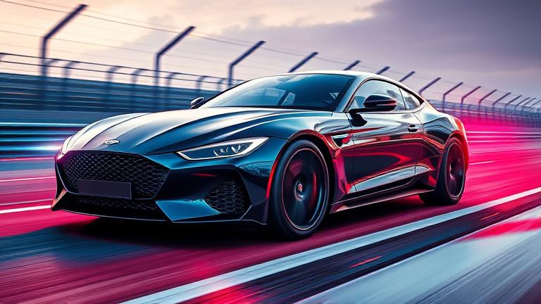 alt_text: A sleek car on a racetrack with motion blur, showing speed upgrades and a mechanic.