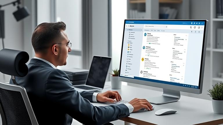 alt_text: Person deletes emails on Hotmail in a neat, modern workspace, focused on mass cleanup.
