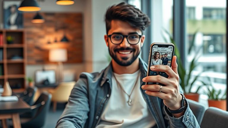 alt_text: Confident person engaging followers on Instagram in a stylish, modern setting.