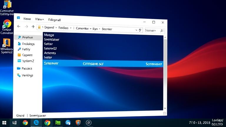 alt_text: Windows 10 desktop with File Explorer open, showing screensaver files in System32 folder.
