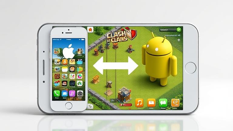 alt_text: Split-screen of iPhone and Android Clash of Clans linking process with arrows and vibrant colors.