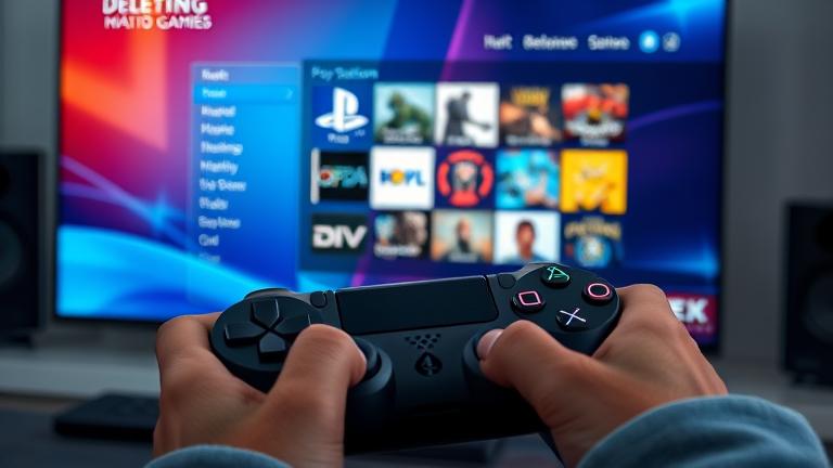 PlayStation 4 interface showing game management and deletion options on TV screen.
