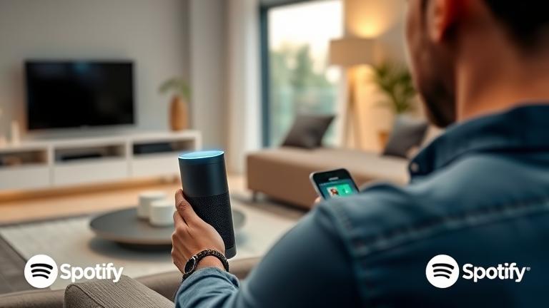 alt_text: Person uses Echo with Spotify on nearby device; music waves highlight seamless streaming.
