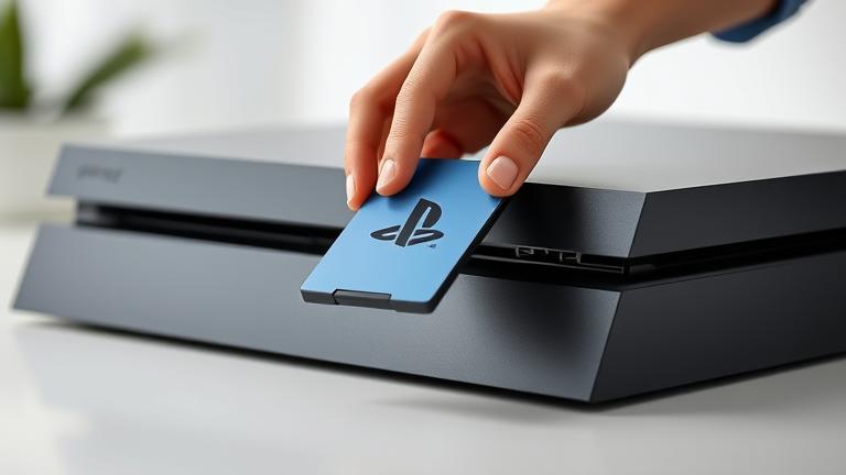alt_text: Hands ejecting a game card from a sleek PS4 console in a clean, modern setting.