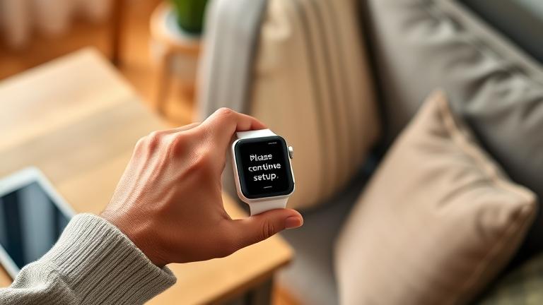 alt_text: Person looks concerned while holding Apple Watch with setup message, in cozy home setting.