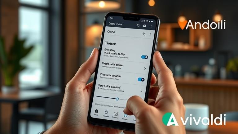 alt_text: User toggles dark mode in Vivaldi browser on Android in a sleek workspace.