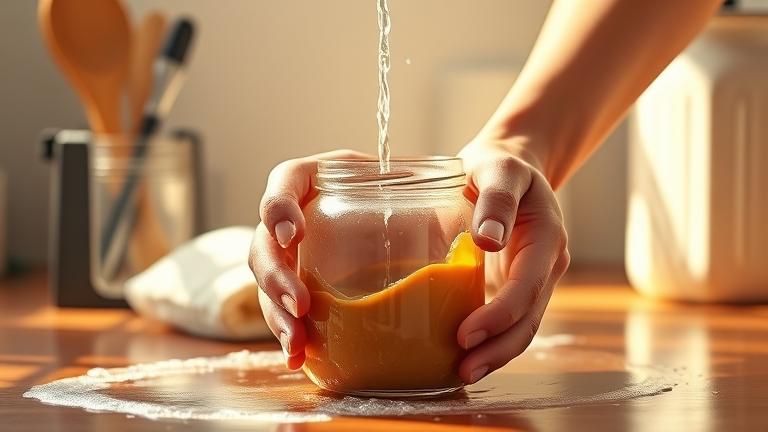 alt_text: Person cleaning a peanut butter jar on a kitchen counter with sponge, soap suds, and water droplets.