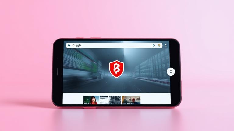 alt_text: Modern Android phone with Brave browser playing background video, shield icon, sleek design.
