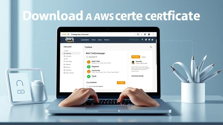 alt_text: Person downloads AWS certificate on laptop with ACM dashboard, bright, modern setup.