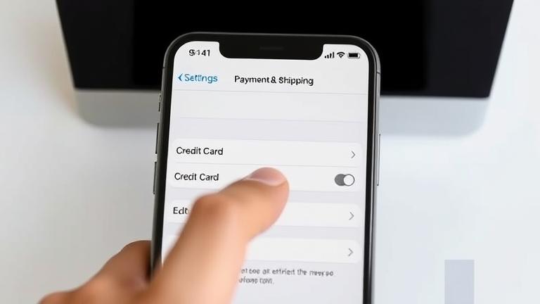 alt_text: Smartphone screen showing Apple ID Payment & Shipping, hand editing credit card info.