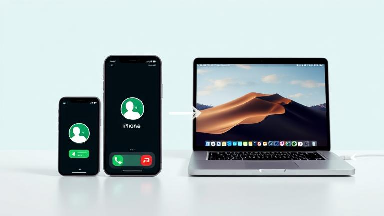 alt_text: iPhone and MacBook with FaceTime screens and arrows showing seamless call transition.
