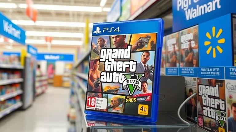 alt_text: GTA 5 PS4 game on Walmart shelf with price tag, store setting, and nearby games.