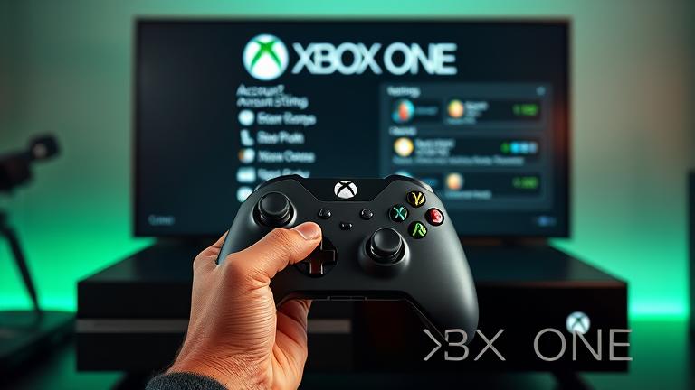 alt_text: Person with controller in front of Xbox, highlighting account management and settings.