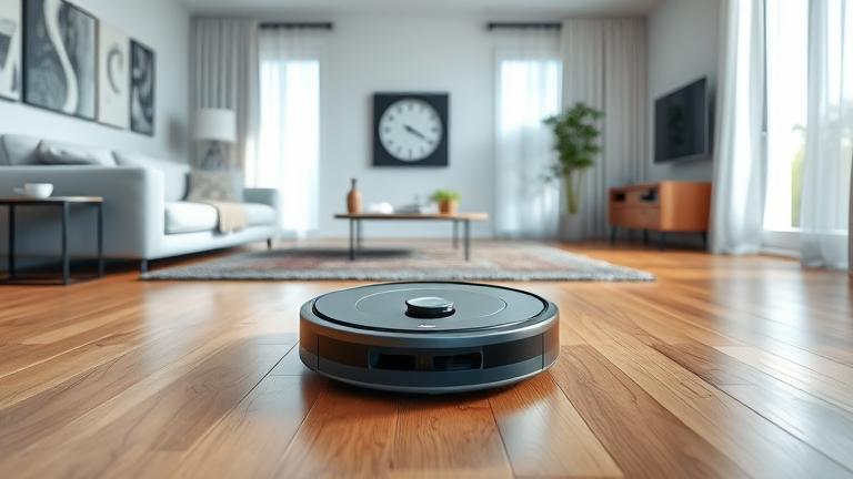 alt_text: Roomba cleaning hardwood floor in a cozy living room with furniture and a subtle clock hint.