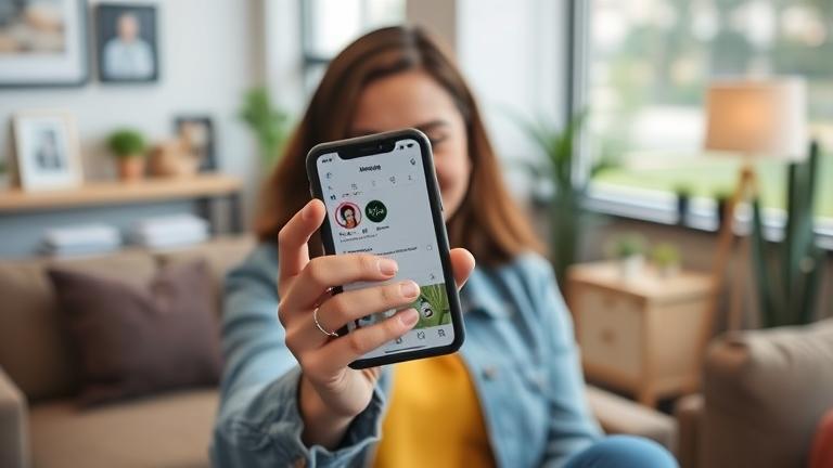 alt_text: Person checks Instagram friend requests on phone in cozy, casual setting, inviting easy access.