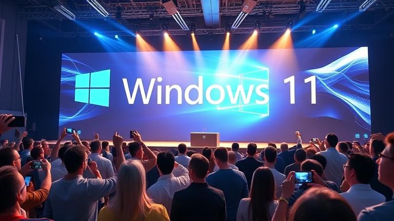 alt_text: Vibrant Windows 11 launch event with attendees, stage, screens, and futuristic decor.