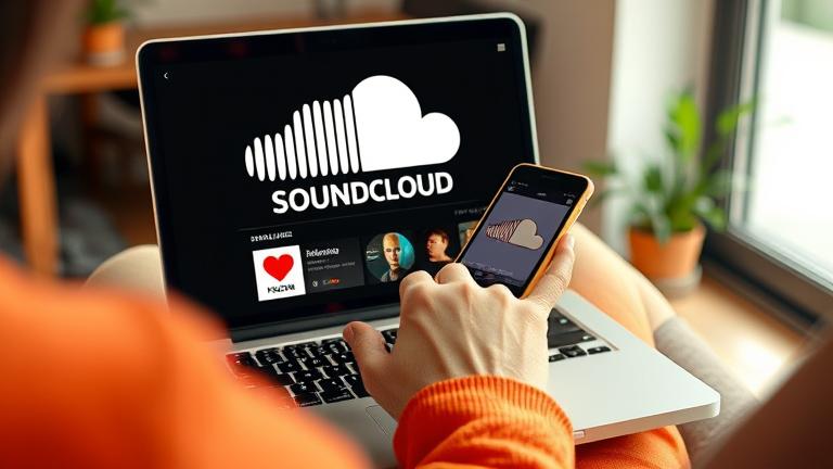 alt_text: Person managing SoundCloud playlist on device in casual setting with logo and interface cues.