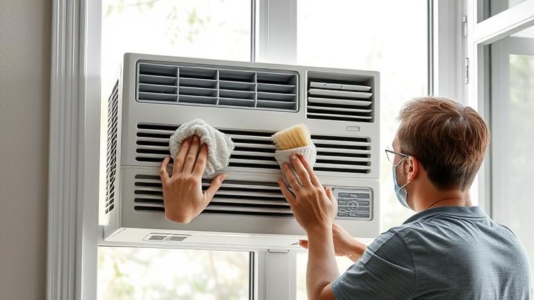 alt_text: Person cleaning window AC vents with brush and cloth, showcasing easy, practical maintenance.