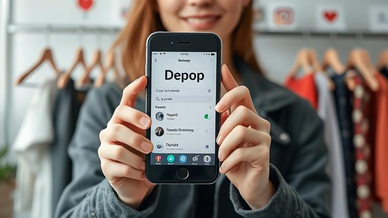 alt_text: Young person with smartphone on Depop app, showing profile editing with fashion and tech elements
