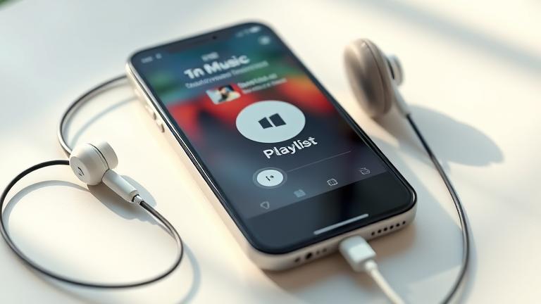 alt_text: Close-up of iPhone music app with controls, headphones, playlist, and icons for seamless listening.