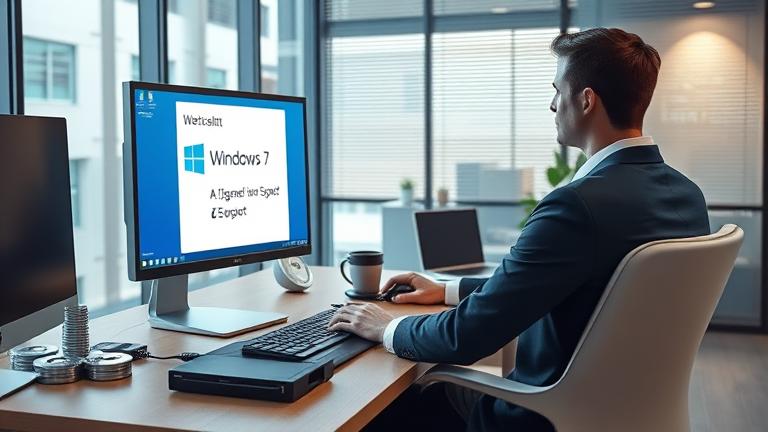 alt_text: Professional checks PC readiness for Windows 7 end of life with tools and upgrade plan.