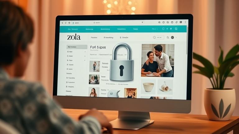 alt_text: Zola registry on a device with a lock icon, couple planning, conveying privacy and security.