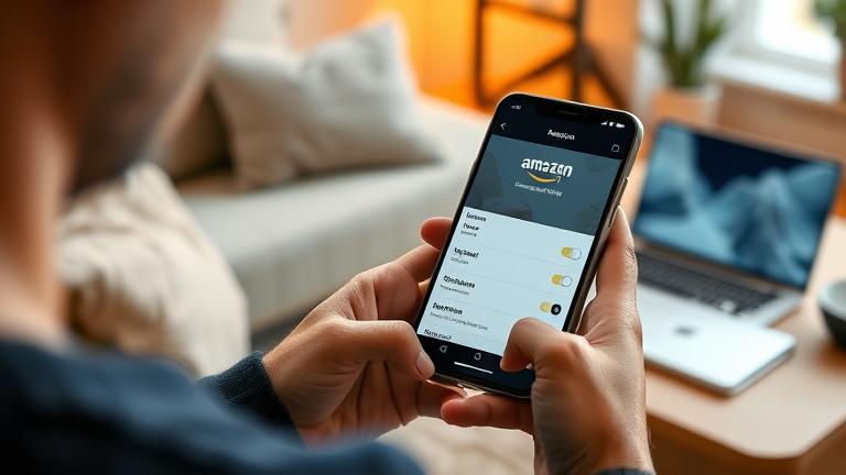 alt_text: Person managing Amazon App on phone in cozy home, with tech devices around, relaxed mood.
