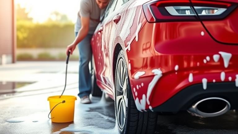 alt_text: Person uses spray bottles and sponges to eco-friendly wash car outdoors, water-saving method.