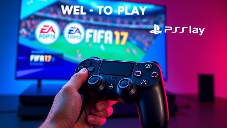 alt_text: Person with PS4 controller, FIFA 17 gameplay on screen, vibrant, realistic, gaming excitement