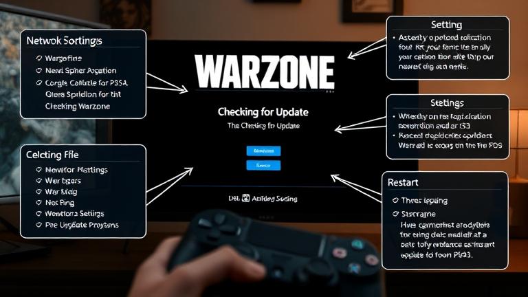 alt_text: PS4 with Warzone stuck on "Checking for Update," person ready to troubleshoot.