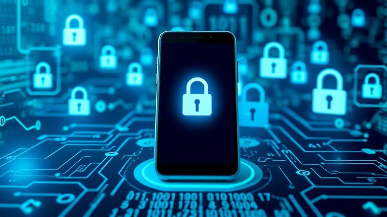 alt_text: High-tech Android Marshmallow decryption scene with digital locks, code, and holograms.