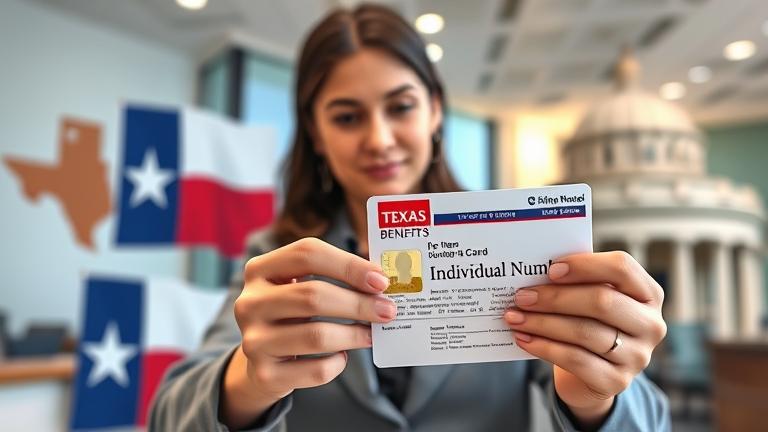 alt_text: Person reviewing Texas Benefits info in a government office with Texas symbols in background.