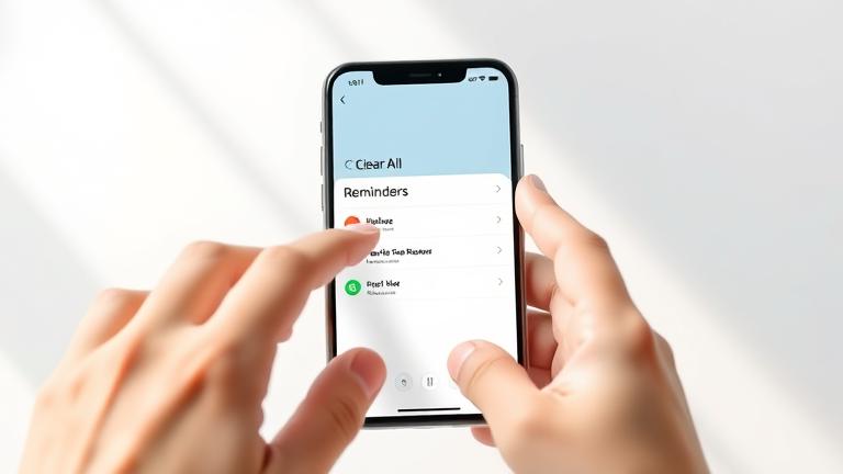 alt_text: Person clearing all reminders on iPhone with a clean background and bright lighting.