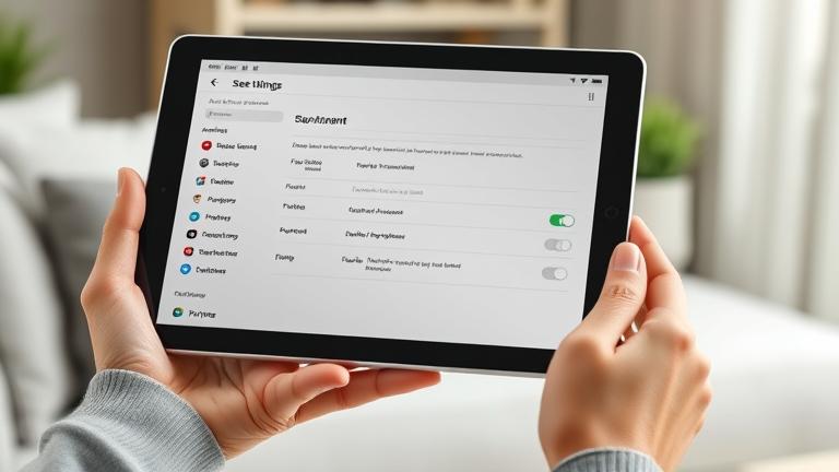 alt_text: Person holding tablet with account settings screen, in a cozy home environment.